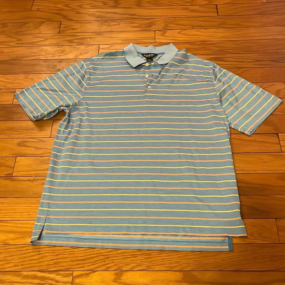 Brooks Brothers Polo Shirt Mens XL Blue Orange Striped Short Sleeves Casual